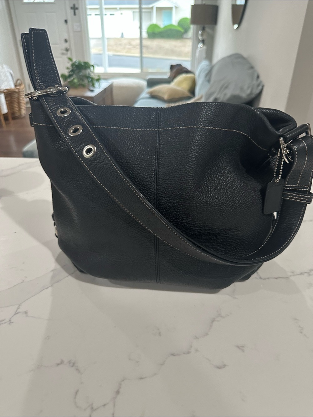 Coach Black Pebbled Leather Hobo Tote with Silver Hardware